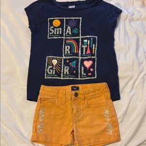 Navy Graphic Tee and Orange Embroidered Shorts Set